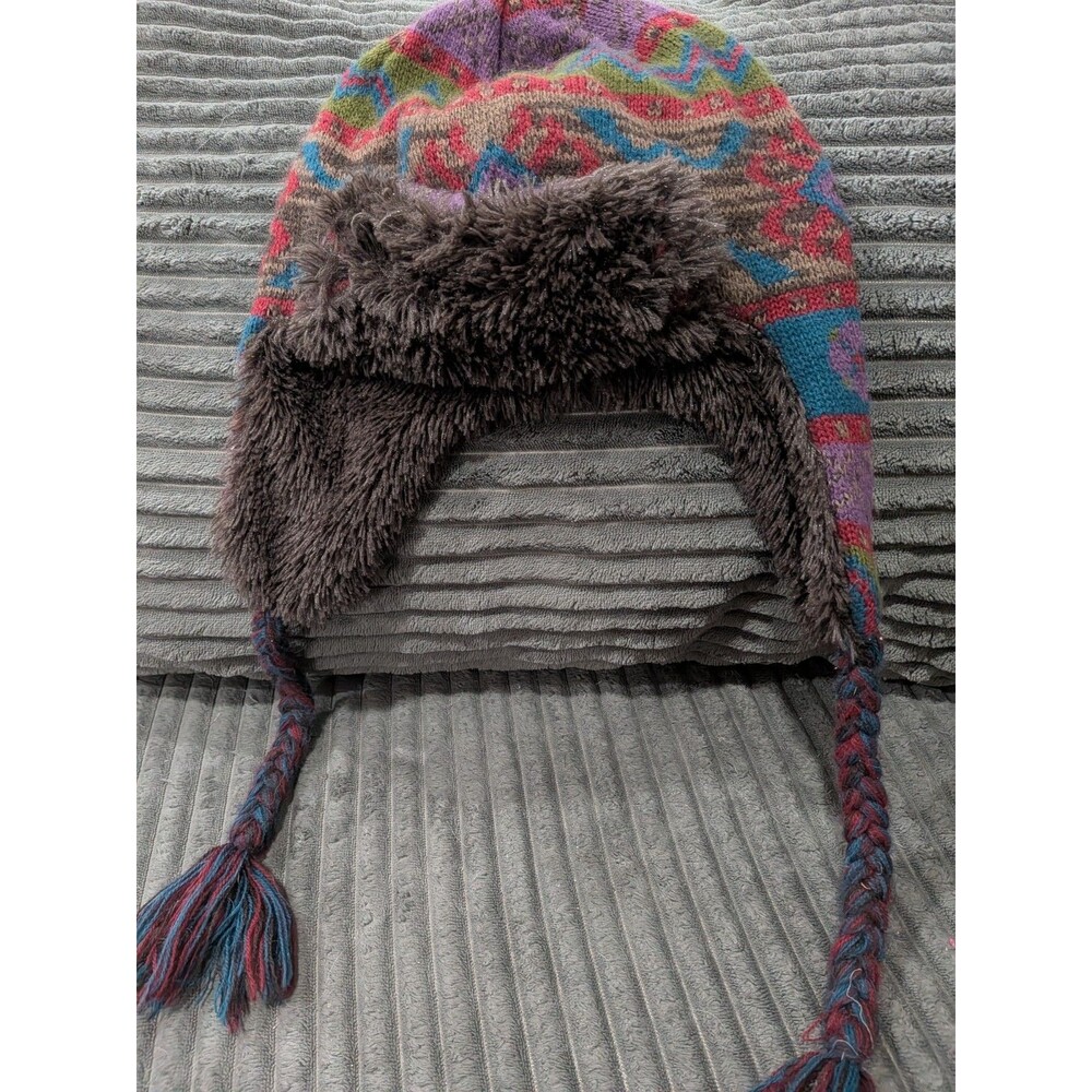 MUK LUKS Knit Peruvian Earflap Hat Beanie Fair Isle Geometric Tassel Boho OSFM
